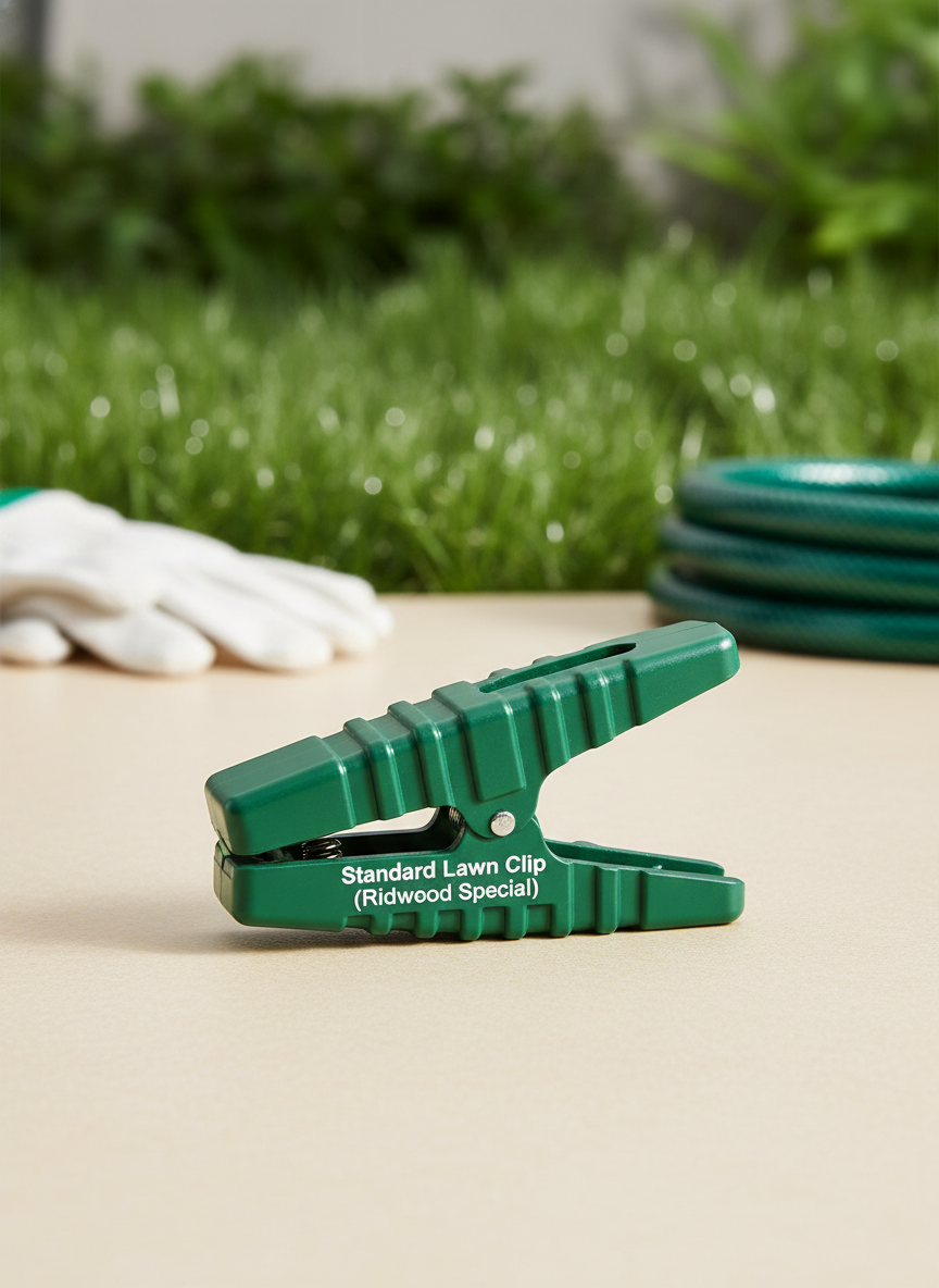 Standard Lawn Clip (Ridgewood Special) on a warm cream surface, with a blurred green lawn in the background.