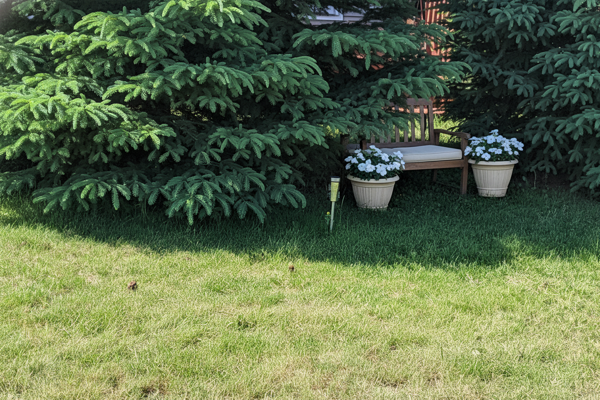 A perfectly manicured, lush green lawn in a suburban neighborhood, with cream and forest green garden accents under bright su